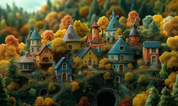 Cartoon, miniature country with fairy-tale houses. Selective focus.