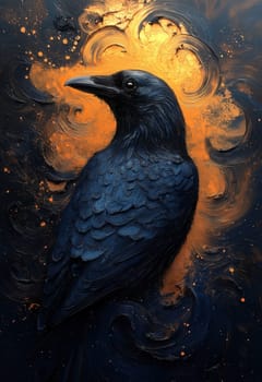 A black raven on an abstract textured background. Selective focus.