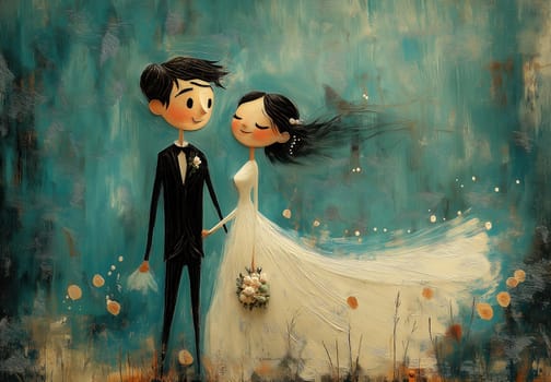 A cartoon illustration of a bride and groom on a blue background. Selective focus.