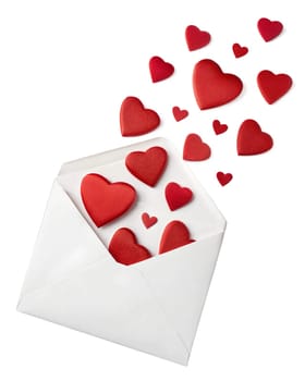 A white envelope with small red hearts on a white background. Concept of love and affection. copy space.