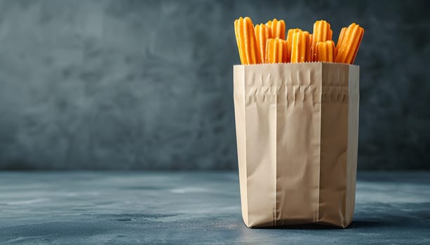A cylindershaped bag of French fries sits on a wooden table. The aroma of the gasstation cuisine fills the room. The font on the waste container matches the art on the dish