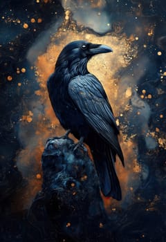 A black raven on an abstract textured background. Selective focus.