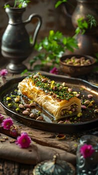 A closeup shot showcasing a beautifully arranged plate of food on a rustic wooden table, featuring an assortment of fresh produce, garnishes, baked goods, and fine herbs