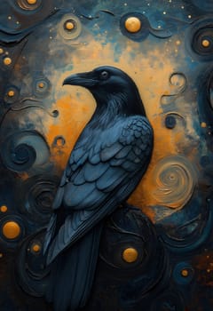 A black raven on an abstract textured background. Selective focus.