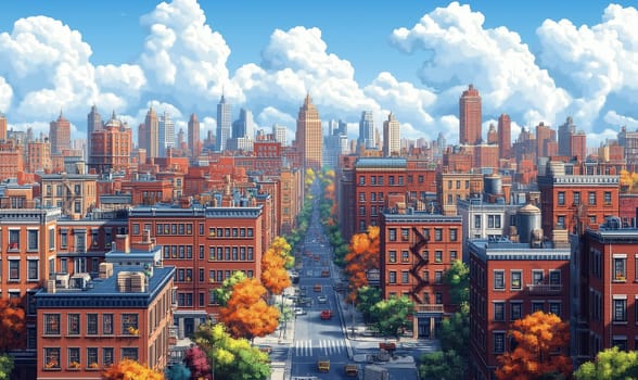 Thumbnail model of a cityscape in pixels. Selective focus.