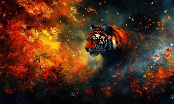 Abstract illustration of a tiger face on a dark background. Selective focus.