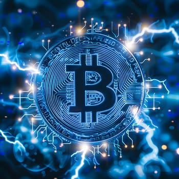 An electric blue coin with a bold letter B in the center is encircled by lightning bolts, creating a captivating display that symbolizes the fusion of science and energy in our world