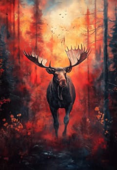 Watercolor of a moose running through an autumn forest. Selective focus.