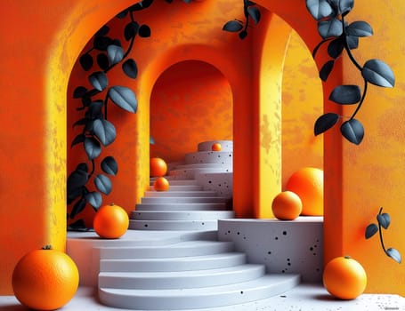A staircase with arches in an orange theme with balls and greenery. Selective focus.