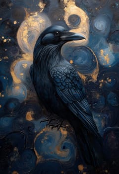 A black raven on an abstract textured background. Selective focus.
