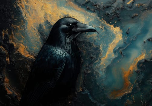 A black raven on an abstract textured background. Selective focus.