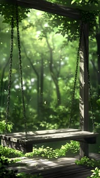 A wooden swing among the trees in a lush green forest, surrounded by terrestrial plants and grass. The natural landscape is serene and peaceful