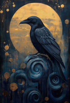 A black raven on an abstract textured background. Selective focus.