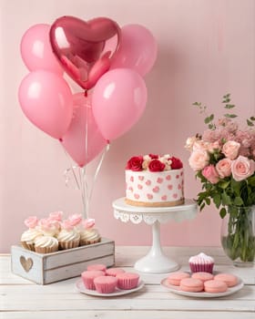 Party table with cake, heart shaped balloons, pink roses, cupcakes on pink background. Love concept. St. Valentines day, Anniversary, Birthday