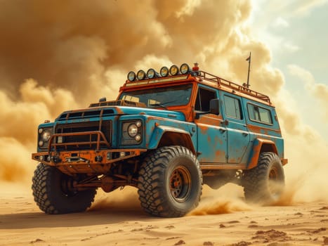Offroad vehicle racing on desert sand during a sandstorm, kicking up dust and sand in its wake. Ai generated