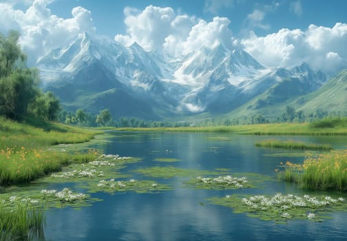 A natural landscape with a lake against the backdrop of mountains. Selective focus.