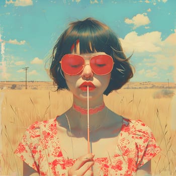 A woman with red sunglasses has a lollipop in her mouth, showcasing her stylish eyewear and playful facial expression