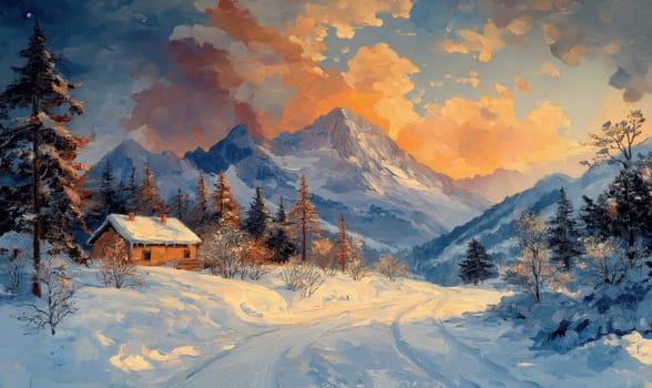 Winter picture, with the image of a snowy road and an adorable house. Selective focus.