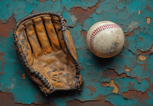 Baseball glove and baseball poster. Selective focus.