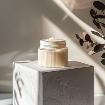 Cosmetic cream in a glass jar. Skin care concept. Background for beauty products