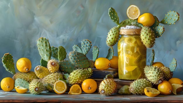 A table displaying a variety of natural foods including cactus, lemons, and a jar of pickles. The combination of yellow fruits and green plants creates an artistic and vibrant setting