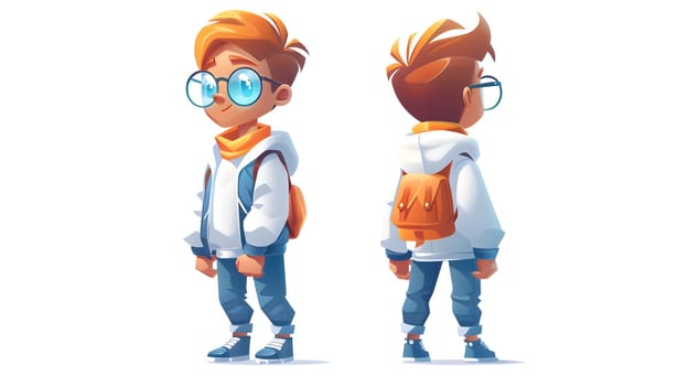 A young boy in trendy clothes, standing front and back view with backpack