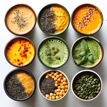 An array of bowls showcasing diverse cuisines made from fresh produce, plantbased ingredients, and superfoods. Each dish is a recipe served in a circle to please every palate