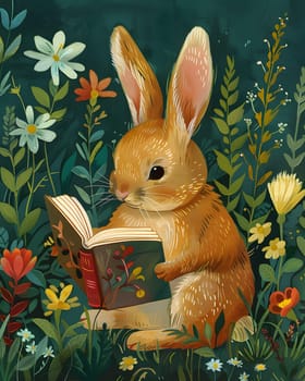 A rabbit is sitting in a field of flowers, enjoying a book. The scene resembles a painting, with the rabbit as the focal organism amidst the vibrant plant life