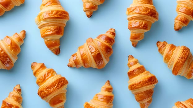 An artistic display of croissants on a blue background creates a beautiful pattern. This baked goods dish is a perfect finger food for any event