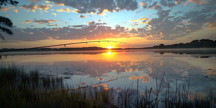 The sky was painted in hues of orange and pink as the sun set over the tranquil lake, casting reflections on the water with a bridge in the distance