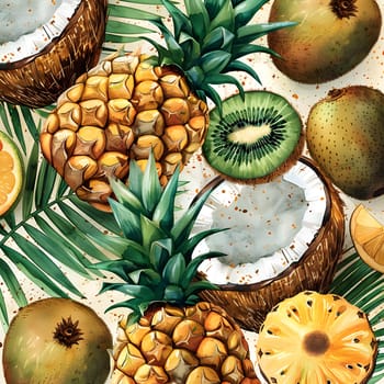 A vibrant painting featuring an array of tropical fruits such as pineapples, kiwis, coconuts, and more. These natural foods are essential ingredients in creating delicious cuisine and recipes