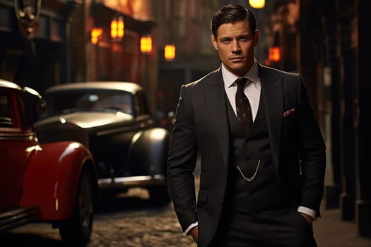 Stylish man confident appearance: strict gentleman style, 1920s fashion, England elegance, Chicago icon influence, vintage suit, late XIX century, early XX century, dapper look, historical flair