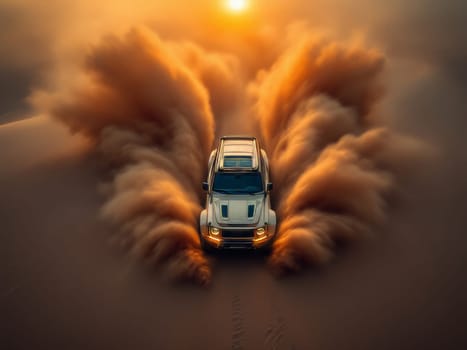 Off-road vehicle is kicking up a cloud of dust as it speeds across the desert sand dunes at sunset. Ai generated