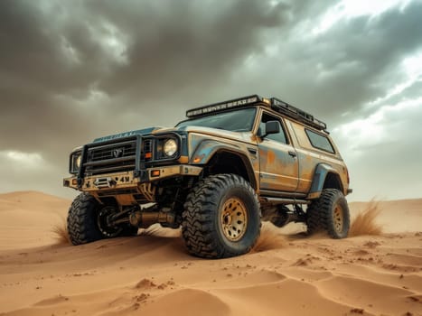 Custom built 4x4 truck conquering challenging terrain in a desert landscape, showcasing power and adventure under dramatic cloudy sky. Ai generated