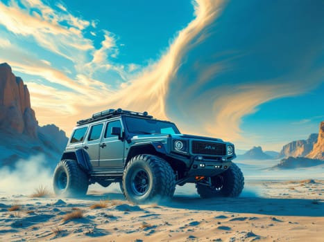 Gray offroad vehicle riding fast on the desert sand at sunset under a spectacular waving cloud in a 3d rendering. Ai generated