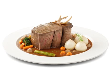 Beef pot roast Tender braised beef, aromatic vegetables, rich gravy, creative plating, transparent bg, warm earthy tones.
