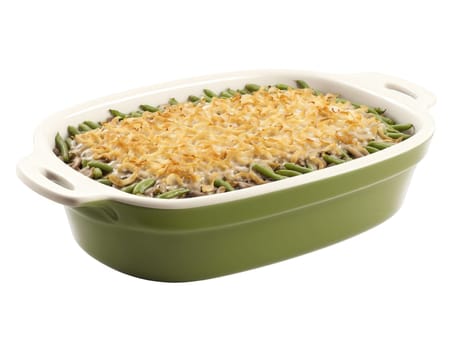 Green bean casserole, tender green beans in creamy mushroom sauce, crispy fried onion topping, steaming in casserole dish, isolated..