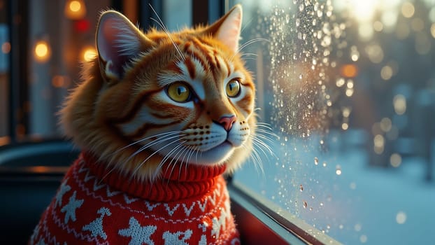 A cat is wearing a red sweater and looking out the window. The scene is set in a winter setting, with snow outside and a window with raindrops on it. The cat appears to be enjoying the view