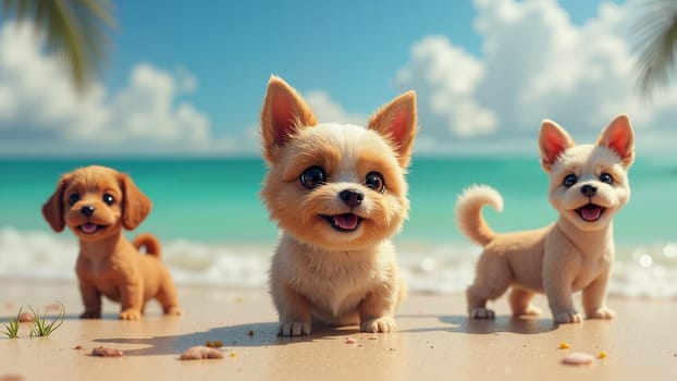Three small dogs are standing on a beach, with one of them looking at the camera. Scene is lighthearted and playful, as the dogs seem to be enjoying their time on the beach