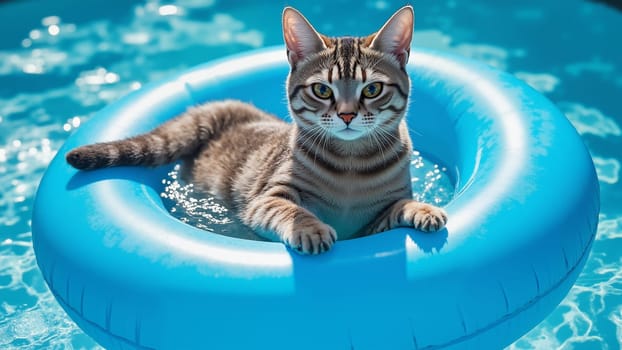 A cat is sitting on a blue inflatable pool float. The cat is looking at the camera