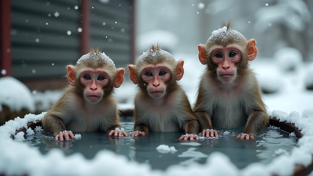 A group of monkeys are sitting in a pool of water