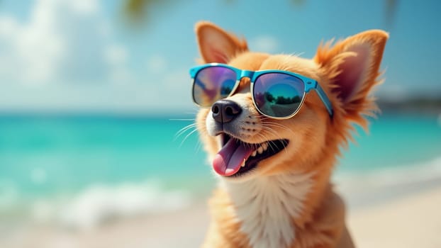 A dog wearing sunglasses is standing on a beach. The dog is smiling and he is enjoying the sunny day