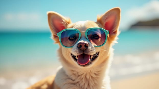 A dog wearing sunglasses is standing on a beach. The dog is smiling and he is enjoying the sunny day