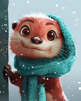 On a snowy winter day, an adorable cartoon otter is happily wearing a scarf