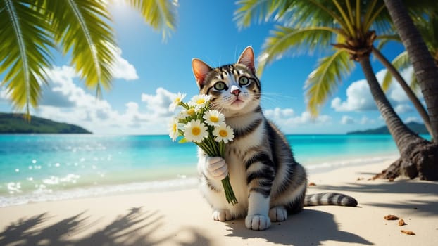 A cat is sitting on the beach holding a bouquet of flowers. The scene is peaceful and serene, with the cat and flowers creating a sense of calm and relaxation