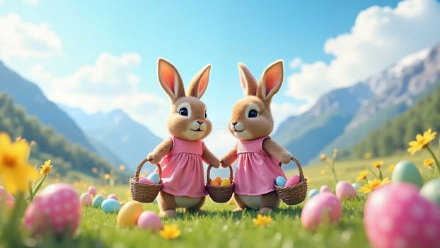 Two rabbits holding baskets of Easter eggs in a field