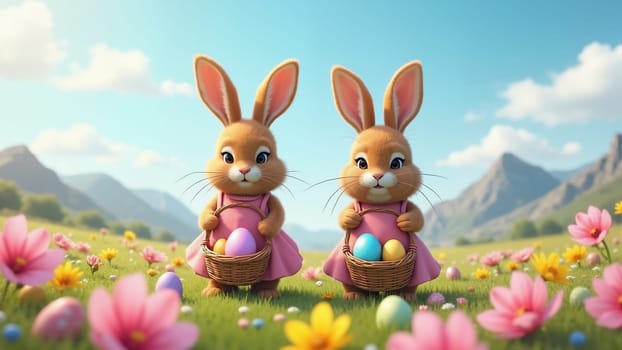 Two rabbits holding baskets of Easter eggs in a field