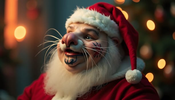 A man in a red Santa hat with a fake nose and face paint. He is smiling and looking at the camera