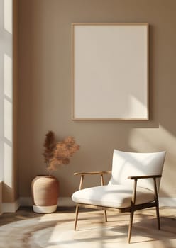 An interior design with furniture like a chair and a picture on the wall, creating a comfortable living room ambiance with wooden flooring and a cozy feel