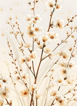 A cluster of white flowers blossoms on a brown twig of a tree, creating a beautiful contrast against the grass and wood surroundings